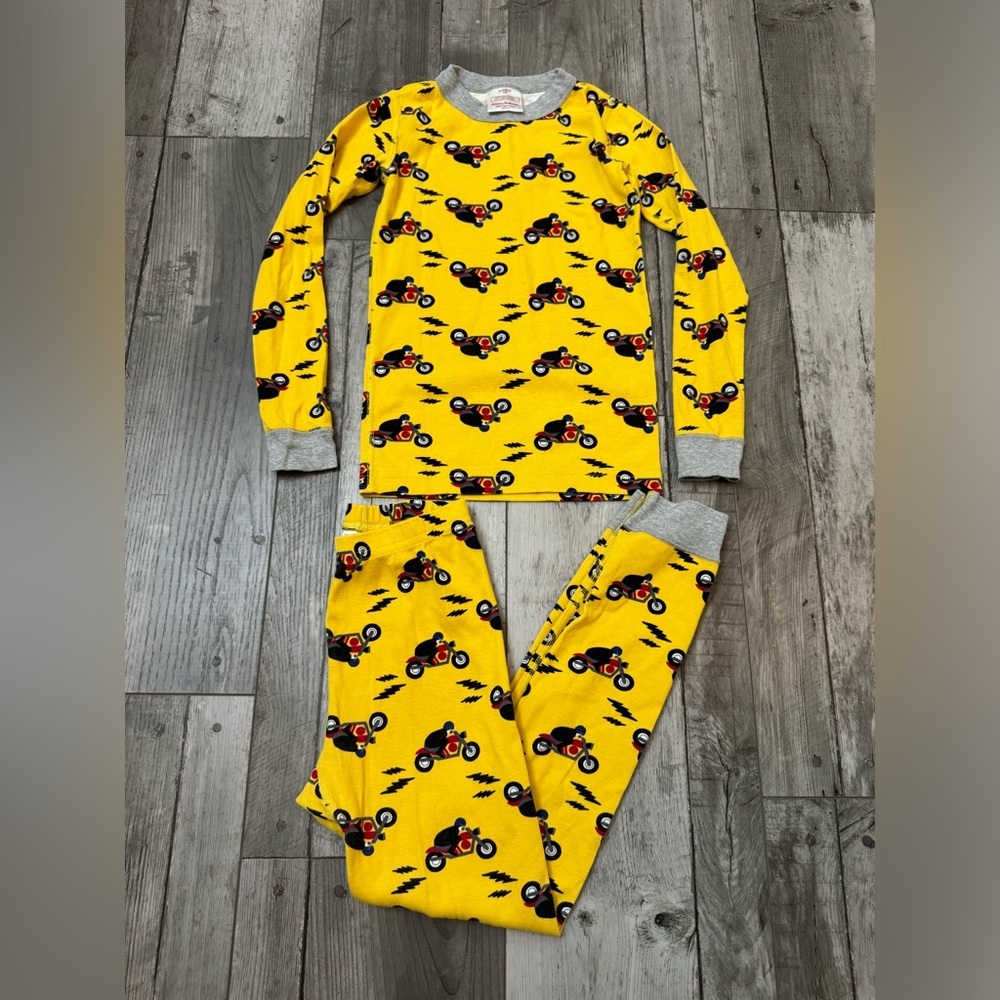 Hanna Andersson 130 US 8 Yellow motorcycle Long John Pajamas Set PJs - Picture 1 of 6